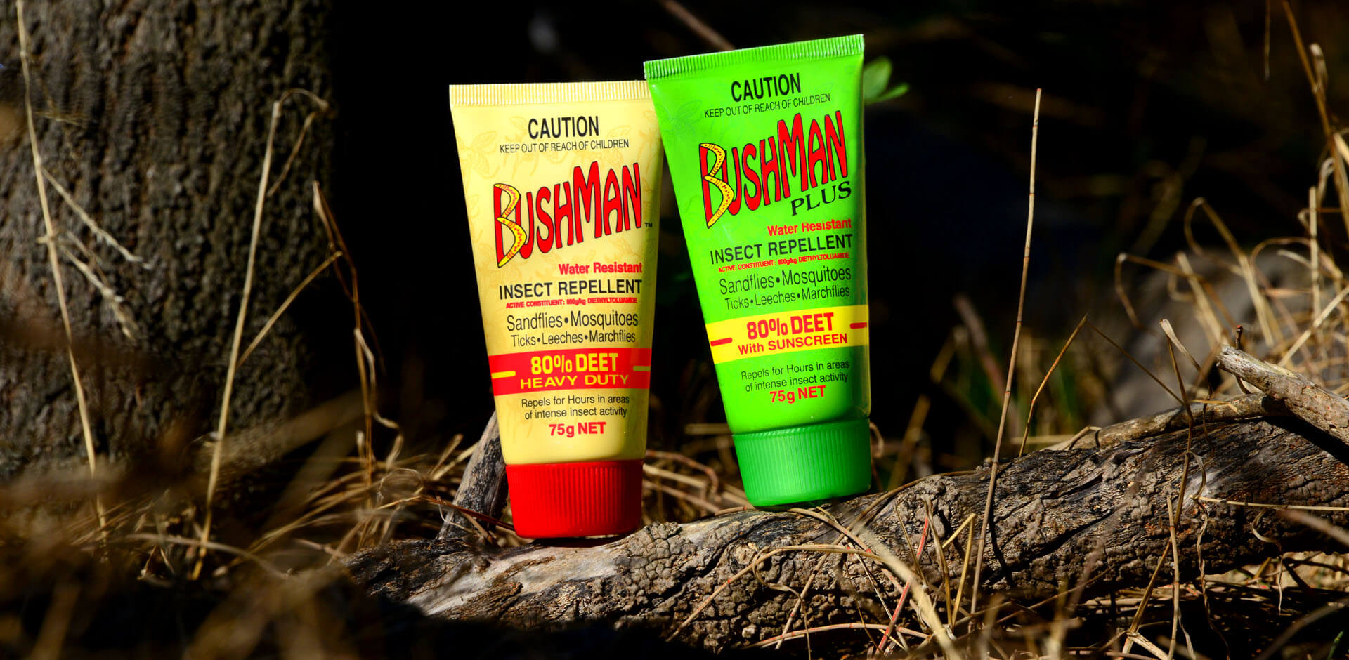DryGel products aligned on a bench with greenery in the background