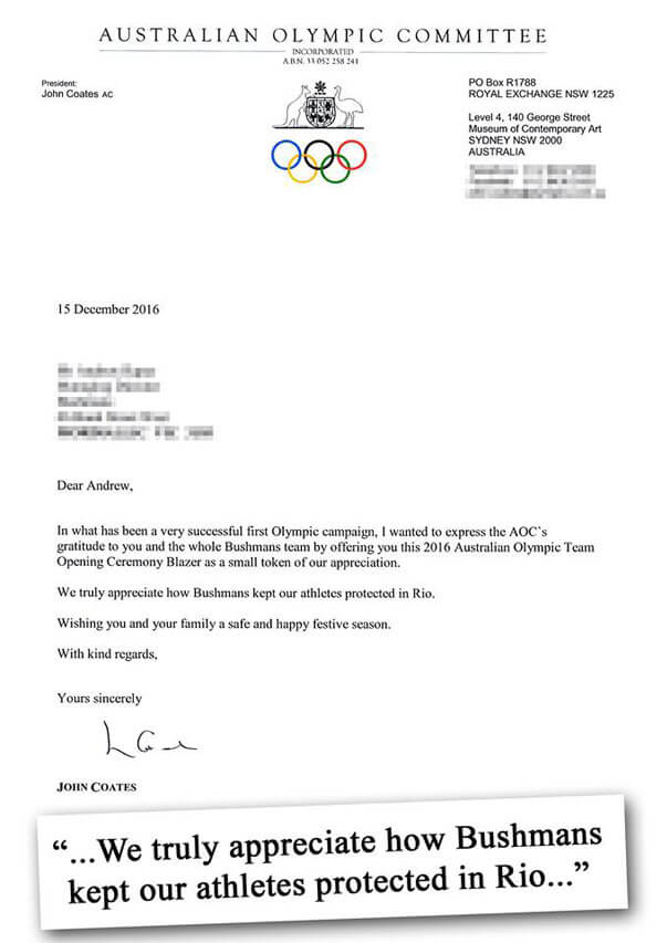 Letter of appreciation from the Australian Olympic Committee sent to Bushman