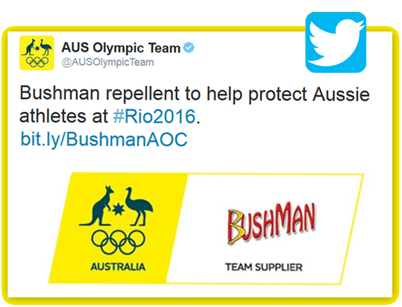 Tweet from the Australian Olympic team which reads that Bushman repellent will help protect Aussie athletes at Rio2016